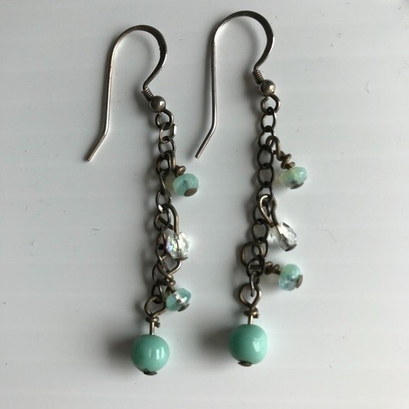 Vintage Handmade Aqua Beads Crystal Sterling Silver Dangle Drop Earrings - Picture 1 of 6
